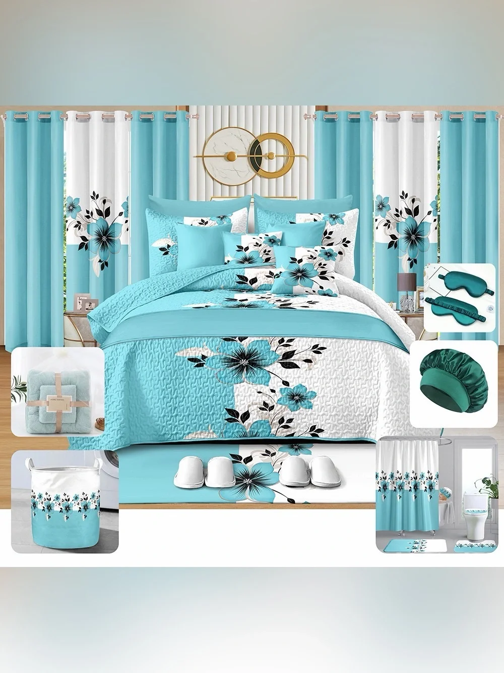 Bedspread Sunflower Yellow and Gray Floral Bedding Set 30 pieces